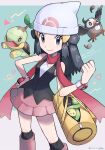  1girl beanie black_legwear black_shirt boots bracelet budew clenched_hand closed_mouth commentary_request dawn_(pokemon) eyelashes grey_eyes hand_up hat heart holding holding_poke_ball janis_(hainegom) jewelry knees long_hair looking_at_viewer over-kneehighs poke_ball poke_ball_(basic) pokemon pokemon_(creature) pokemon_(game) pokemon_dppt red_scarf scarf shirt skirt sleeveless sleeveless_shirt smile starly thighhighs turtwig white_headwear 