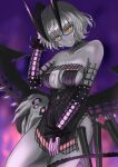  1girl bangs bare_shoulders black_dress breasts choker cleavage collarbone colored_skin detached_sleeves dress fate/grand_order fate_(series) glasses grey_hair grey_skin grin highres horns jacques_de_molay_(foreigner)_(fate) ksfactory large_breasts looking_at_viewer short_dress short_hair smile thighs wings yellow_eyes 