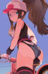  1girl adapted_costume aqua_eyes ass baseball_cap bicycle black_legwear blush breasts brown_hair closed_mouth commentary_request covered_nipples ground_vehicle hat highleg highleg_leotard highres hilda_(pokemon) leotard long_hair looking_at_viewer medium_breasts poke_ball pokemon pokemon_(game) pokemon_bw ponytail short_hair sidelocks solo spring2013 sweat thighhighs thighs white_headwear 