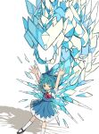 1girl absurdres aqua_eyes aqua_hair arms_up bangs black_footwear blue_bow blue_dress blue_eyes blue_hair blush_stickers bow cirno collared_shirt commentary dot_nose dragon dress eyebrows_visible_through_hair foot_out_of_frame grin hair_bow highres ice ice_dragon ice_wings looking_at_viewer mary_janes medium_hair neck_ribbon neruzou pinafore_dress pleated_dress puffy_short_sleeves puffy_sleeves red_ribbon ribbon shadow shirt shoes short_sleeves sidelocks simple_background smile socks solo standing touhou white_background white_legwear white_shirt wings 