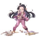  1girl alternate_costume bangs barefoot black_hair blue_eyes blunt_bangs eyepatch full_body granblue_fantasy hair_bobbles hair_ornament harvin long_hair looking_at_viewer lunalu_(granblue_fantasy) medical_eyepatch midriff official_art pants pants_rolled_up paper pointy_ears sleeves_rolled_up solo track_pants track_suit transparent_background 