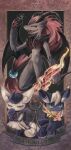  chain claws commentary fangs fire furry hair_bobbles hair_ornament horns looking_at_viewer meowstic meowstic_(female) meowstic_(male) okowa_0141 open_mouth pokemon pokemon_(creature) tarot the_devil_(tarot) tongue zoroark 