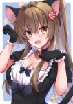  1girl absurdres animal_ears artist_name bell black_gloves blush border breasts brown_eyes brown_hair cat_ears cat_tail cleavage dated eyebrows_visible_through_hair fang flower gloves hair_between_eyes hair_flower hair_ornament highres jingle_bell kantai_collection large_breasts long_hair mashiro_yukiya neck_bell open_mouth pink_flower ponytail puffy_short_sleeves puffy_sleeves short_sleeves signature skin_fang solo star_(symbol) tail upper_body white_border yamato_(kancolle) 