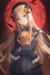  1girl abigail_williams_(fate) absurdres bangs black_bow black_dress black_headwear blonde_hair blue_eyes blush bow breasts dress fate/grand_order fate_(series) forehead full_moon hair_bow hat highres hwa_n01 long_hair long_sleeves looking_at_viewer moon multiple_bows multiple_hair_bows night night_sky orange_bow parted_bangs polka_dot polka_dot_bow red_moon ribbed_dress sky sleeves_past_fingers sleeves_past_wrists small_breasts smile stuffed_animal stuffed_toy teddy_bear 