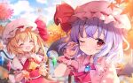  2girls arm_up ascot autumn_leaves back_bow bangs bat_wings blue_sky blush bow bridge closed_eyes cloud cloudy_sky commentary_request crystal eyebrows_visible_through_hair fang fang_out flandre_scarlet frilled_shirt_collar frilled_sleeves frills hanen_(borry) happy hat highres korean_commentary looking_at_viewer mob_cap multiple_girls one_eye_closed open_mouth puffy_short_sleeves puffy_sleeves purple_hair red_eyes red_neckwear red_ribbon red_vest remilia_scarlet ribbon river short_hair short_hair_with_long_locks short_sleeves siblings side_ponytail sisters skin_fang sky standing stone touhou upper_body vest white_bow wings wrist_cuffs yellow_neckwear 