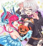  3girls ahoge claw_pose dated detached_sleeves elizabeth_bathory_(cinderella_rider)_(fate) elizabeth_bathory_(fate) fang fate/grand_order fate_(series) fingernails fujimaru_ritsuka_(female) glasses grey_hair hair_bun halloween_royalty horns jack-o&#039;-lantern jacques_de_molay_(foreigner)_(fate) multiple_girls orange_hair pink_hair pointy_ears sword tekuteku_aruko tiara twitter_username weapon 