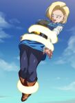  1girl android_18 belt black_shirt blonde_hair blue_eyes blue_jacket blue_skirt blue_sky boots breasts brown_belt brown_footwear cloud commentary_request day denim denim_jacket denim_skirt dragon_ball dragon_ball_z earrings flying full_body jacket jewelry long_sleeves medium_breasts open_mouth pantyhose restrained rom_(20) shirt short_hair skirt sky solo striped_sleeves teeth 