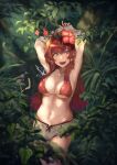  1girl :d armpits arms_behind_head arms_up bangs bare_shoulders bikini blush breasts cleavage collarbone commentary_request cowboy_shot earrings eyebrows_visible_through_hair flower forest hair_flower hair_ornament heart heart_earrings heart_necklace heterochromia hibiscus highres hololive houshou_marine jewelry large_breasts leaf leg_garter long_hair looking_at_viewer nature navel open_mouth outdoors plant red_bikini red_eyes red_flower red_hair rosettejeremybrett82 short_shorts shorts sidelocks smile solo standing strap_gap sun swimsuit teeth thigh_strap thighs underboob undressing upper_teeth virtual_youtuber wet white_shorts yellow_eyes 