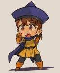  1girl alena_(dq4) brown_eyes brown_hair cape chibi cosplay dragon_quest dragon_quest_iv dress full_body gloves hat ibara. long_hair looking_at_viewer open_mouth pantyhose school_girl_strikers simple_background smile solo 