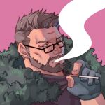  1boy bara beard brown_hair cigarette facial_hair fate/grand_order fate_(series) fur_trim glasses gloves guoguo hand_up male_focus partially_fingerless_gloves pink_background short_hair simple_background smoking solo upper_body william_tell_(fate) 