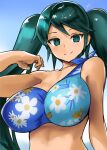  1girl bare_arms bare_shoulders bikini bikini_top blue_bikini breasts closed_mouth collarbone ebizome eyebrows_visible_through_hair floral_print flower green_eyes green_hair highres isuzu_(kancolle) kantai_collection large_breasts long_hair smile solo swimsuit twintails upper_body white_flower 