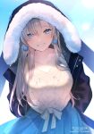  1girl anastasia_(fate) arms_behind_back bangs beige_sweater black_jacket blue_eyes blue_skirt blush breasts collarbone earrings fate/grand_order fate_(series) grin hair_over_one_eye hood hood_up hooded_jacket jacket jewelry large_breasts long_hair long_sleeves looking_at_viewer meiji_ken open_clothes open_jacket pleated_skirt silver_hair skirt smile solo under_the_same_sky very_long_hair 
