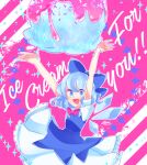  1girl :d \||/ arms_up blue_bow blue_dress blue_eyes blue_hair blush bow bowtie cirno collared_dress commentary_request dress english_text fairy food frilled_dress frills hair_bow ice ice_cream ice_wings looking_at_viewer one-hour_drawing_challenge partial_commentary pinafore_dress pink_background puffy_short_sleeves puffy_sleeves ratto_(mobilis_1870) red_bow red_bowtie shiny shiny_hair short_hair short_sleeves smile solo starry_background striped striped_background touhou upper_body wing_collar wings 