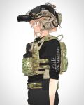  1girl absurdres ammunition_belt ammunition_pouch backpack bag black_blouse black_legwear blonde_hair blouse camouflage ear_protection from_side grey_eyes headset helmet highres military night_vision_device original plate_carrier pouch soutou_nagi tactical_clothes white_background woodland_camouflage 
