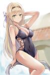  1girl atelier_(series) atelier_ryza black_swimsuit blonde_hair breasts brown_hairband casual_one-piece_swimsuit cleavage commentary_request covered_navel cowboy_shot green_eyes hairband klaudia_valentz long_hair looking_at_viewer medium_breasts nannacy7 one-piece_swimsuit pool_ladder solo standing swimsuit 