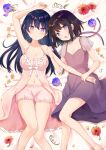  2girls bangs bare_arms bare_shoulders barefoot bed_sheet black_hair bloomers blush breasts brown_hair chiune_(yachi) cleavage closed_mouth collarbone commentary_request dress eyebrows_visible_through_hair feet_out_of_frame flower hachisuka_hatsuno hair_between_eyes highres long_hair lying medium_breasts mole mole_under_eye multiple_girls navel on_back open_mouth pink_bloomers purple_dress purple_eyes purple_flower red_flower see-through see-through_sleeves short_sleeves smile suenobu_itsuki tsumugu_otome_to_taishou_no_tsuki underwear very_long_hair white_flower yellow_flower 
