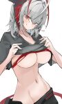  1girl :q ahoge antennae arknights bangs breasts demon_girl demon_horns demon_tail eyebrows_visible_through_hair grey_shirt highres horns large_breasts licking_lips looking_at_viewer mikojin navel official_alternate_costume orange_eyes shirt short_hair short_sleeves silver_hair simple_background smile solo tail tongue tongue_out underboob w_(arknights) w_(fugue)_(arknights) white_background 