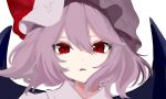  1girl bad_id bad_twitter_id bangs bat_wings collar collared_dress commentary dress eyebrows_visible_through_hair fang hair_between_eyes hat hat_ribbon highres looking_at_viewer mob_cap open_mouth purple_hair red_eyes red_ribbon remilia_scarlet ribbon shinonome_asu short_hair short_sleeves simple_background solo touhou upper_body white_background white_dress white_headwear wings 