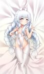  1girl absurdres animal_ear_fluff animal_ears azur_lane bed_sheet braid breasts crotchless crotchless_pantyhose dakimakura_(medium) fake_animal_ears groin highleg highleg_leotard highres knee_up le_malin_(azur_lane) le_malin_(listless_lapin)_(azur_lane) legs leotard leotard_pull long_hair lying on_back pantyhose playboy_bunny pulled_by_self rabbit_ears sheet_grab silver_hair small_breasts solo thigh_strap thighs twin_braids twintails very_long_hair w_wonjin white_background white_legwear white_leotard wrist_cuffs 