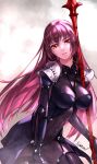  1girl armor bodysuit breasts covered_navel fate/grand_order fate_(series) gae_bolg_(fate) hair_intakes highres large_breasts long_hair looking_at_viewer parted_lips pauldrons polearm purple_bodysuit purple_hair red_eyes scathach_(fate) senard shoulder_armor solo spear very_long_hair weapon 