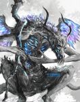  blue_theme commentary dark_souls_(series) dark_souls_iii dragon english_commentary highres horns monster no_humans oceiros_the_consumed_king shimhaq signature solo spot_color spread_wings 