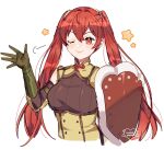  1girl ;) armor artist_name bangs closed_mouth commentary commission detached_sleeves english_commentary eyebrows_visible_through_hair fire_emblem fire_emblem_awakening gloves green_gloves hair_between_eyes highres long_hair long_sleeves looking_at_viewer one_eye_closed pomme_(lazzledazzle) red_eyes red_hair severa_(fire_emblem) shoulder_armor simple_background sleeveless smile solo star_(symbol) twintails upper_body very_long_hair waving white_background 