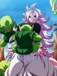  1girl android_21 black_nails black_sclera blue_sky clenched_teeth cloud colored_sclera colored_skin commentary_request day dragon_ball dragon_ball_fighterz dragon_ball_z fingernails hair_between_eyes long_hair majin_android_21 nail_polish outdoors pink_skin pointy_ears red_eyes rom_(20) saibaiman sky sweat tail teeth white_hair 