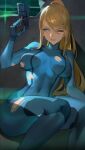  1girl against_wall bangs blonde_hair blue_bodysuit blue_eyes bodysuit breasts clenched_teeth commentary covered_navel gun hair_between_eyes hand_up handgun highres holding holding_gun holding_weapon hood_(james_x) long_hair looking_to_the_side medium_breasts metroid mole mole_under_mouth one_eye_closed parted_lips pistol plasma_pistol ponytail samus_aran sidelocks sitting skin_tight solo sweat swept_bangs taking_cover teeth torn_bodysuit torn_clothes v-shaped_eyebrows weapon zero_suit 