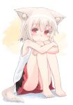  1girl absurdres albino animal_ear_fluff animal_ears bangs bare_arms bare_legs bare_shoulders barefoot blush child closed_mouth colored_eyelashes commentary crossed_arms eyebrows_visible_through_hair eyes_visible_through_hair feet full_body hair_between_eyes highres hugging_own_legs inubashiri_momiji kibisake knees_to_chest knees_up looking_at_viewer miniskirt nose_blush red_eyes red_skirt shirt short_hair sitting skirt sleeveless sleeveless_shirt solo tail toes touhou two-tone_background two-tone_skirt white_background white_hair white_shirt wolf_ears wolf_girl wolf_tail younger 