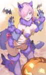  1girl absurdres animal_ears bangs bare_shoulders bow breasts claw_pose cleavage elbow_gloves fate/grand_order fate_(series) fur-trimmed_gloves fur-trimmed_legwear fur_collar fur_trim gloves hair_over_one_eye halloween highres jack-o&#039;-lantern kneeling lace-trimmed_legwear lace_trim large_breasts light_purple_hair looking_at_viewer mash_kyrielight mash_kyrielight_(dangerous_beast) navel o-ring open_mouth pretty-purin720 pumpkin purple_eyes purple_gloves purple_legwear purple_tail revealing_clothes short_hair smile solo tail wolf_ears wolf_tail 