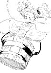  1girl bucket closed_mouth greyscale hair_bobbles hair_ornament in_bucket in_container japanese_clothes kimono kisume long_sleeves maguro_(mawaru_sushi) medium_hair monochrome rope simple_background solo touhou twintails white_background white_kimono wide-eyed wide_sleeves 