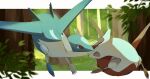  claws closed_eyes closed_mouth commentary_request day forest grass highres latias latios letterboxed mikan-pasta nature no_humans open_mouth outdoors pokemon pokemon_(creature) red_eyes smile tree 