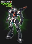  absurdres black_background blue_eyes character_name clenched_hands code_beast copyright_name glowing glowing_eyes highres hundred_edge mecha no_humans science_fiction solo standing sukekiyo56 v-fin 