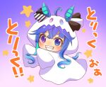  1girl ahoge bangs blue_eyes blue_hair blush chibi commentary_request ghost_costume heterochromia horse_tail kuma_no_omimi long_hair looking_at_viewer open_mouth outstretched_arms purple_eyes sharp_teeth sleeves_past_fingers sleeves_past_wrists smile solo star_(symbol) tail teeth translated trick_or_treat twin_turbo_(umamusume) umamusume v-shaped_eyebrows 