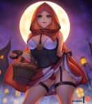  1girl artist_name bare_shoulders basket blonde_hair breasts cape contrapposto corset cosplay fingerless_gloves from_below full_moon gloves green_eyes halloween holding hood hood_up hooded_cape house large_breasts little_red_riding_hood_(grimm) little_red_riding_hood_(grimm)_(cosplay) moon mystra77 nail_polish night outdoors panties pointy_ears princess_zelda red_cape red_nails red_panties red_skirt skirt sky smile solo star_(sky) starry_sky the_legend_of_zelda the_legend_of_zelda:_breath_of_the_wild triforce_print underwear white_skirt 