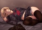  1girl artoria_pendragon_(fate) bangs black_legwear black_panties black_sailor_collar black_serafuku black_shirt black_skirt blonde_hair braid breasts dark_background fate/stay_night fate_(series) french_braid fu-ta hair_bun hair_ribbon highres long_hair long_sleeves looking_at_viewer medium_breasts neckerchief panties pleated_skirt red_neckerchief ribbon saber_alter sailor_collar school_uniform serafuku shirt side-tie_panties sidelocks skirt thighhighs thighs underwear yellow_eyes 