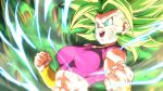  1girl abs aqua_eyes breasts clenched_hands commentary_request dragon_ball dragon_ball_super earrings green_hair jewelry kefla_(dragon_ball) looking_away medium_breasts open_mouth potara_earrings rom_(20) short_hair smile solo super_saiyan upper_body 