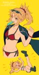 1girl bangs blonde_hair braid breasts collarbone eyewear_on_head fate/apocrypha fate/grand_order fate_(series) food french_braid green_eyes jacket jacket_on_shoulders long_hair looking_at_viewer meiji_ken mordred_(fate) mordred_(fate/apocrypha) mordred_(swimsuit_rider)_(fate) mouth_hold multiple_views navel open_mouth parted_bangs ponytail popsicle sidelocks small_breasts smile sunglasses thighs yellow_background 