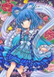  1girl :o adapted_costume bangs blue_eyes blue_hair blue_neckwear blue_ribbon blush commentary_request dress eyebrows_visible_through_hair feet_out_of_frame floral_background flower frills hagoromo hair_ornament hair_rings hair_stick hand_up kaku_seiga layered_dress looking_at_viewer marker_(medium) medium_hair ofuda open_mouth petticoat pink_flower ribbon rui_(sugar3) sample shawl solo touhou traditional_media 