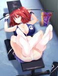  1girl alternate_costume breasts cheerleader exercise feet foot_focus hair_bobbles hair_ornament highres large_breasts looking_at_viewer lying on_back onozuka_komachi red_eyes red_hair short_hair smile socks soles solo sunyup touhou touhou_lost_word two_side_up white_legwear 