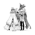  3girls animalization arknights ascot boots cloak dated facing_away gladiia_(arknights) greyscale hair_over_one_eye hands_up hat headgear high_heel_boots high_heels highres holding holding_stuffed_toy in_todni long_hair looking_at_another low-tied_long_hair low_twintails monochrome multiple_girls no_mouth official_alternate_costume one_eye_covered orca_hair_ornament pointy_ears shadow sharp_teeth sidelocks simple_background skadi_(arknights) skadi_the_corrupting_heart_(arknights) specter_(arknights) standing stuffed_animal stuffed_shark stuffed_toy teeth thigh_boots thighhighs twintails unamused very_long_hair white_background 