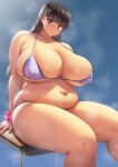  1girl alternate_breast_size amagami arm_support arms_behind_back ayatsuji_tsukasa bangs bare_shoulders belly bikini black_hair blue_background blue_bikini blunt_bangs blush breasts brown_eyes cleavage closed_mouth commentary_request covered_nipples desk eyebrows_visible_through_hair fat heroherotom huge_breasts long_hair looking_at_viewer micro_bikini navel on_desk pink_scrunchie plump sand sand_on_skin scrunchie simple_background sitting sitting_on_desk small_head smile solo steaming_body striped striped_bikini sweat swimsuit thick_thighs thighs wrist_scrunchie 