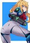  1girl absurdres arm_cannon armor ass bangs blonde_hair blue_eyes blush highres long_hair looking_at_viewer megumo metroid metroid_dread mole mole_under_mouth ponytail power_armor power_suit samus_aran science_fiction simple_background solo weapon 