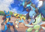  :d blue_fire bush celebi charizard claws closed_eyes cloud commentary day fang fire highres lucario lying mega_charizard_x mega_pokemon minun no_humans nullma on_stomach open_mouth outdoors pokemon pokemon_(creature) red_eyes sitting sky smile stairs standing sweat toes tongue zeraora 