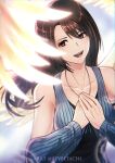 1girl absurdres arm_warmers black_hair breasts brown_eyes brown_hair eeveetachi final_fantasy final_fantasy_viii highres jewelry long_hair looking_at_viewer necklace open_mouth rinoa_heartilly sleeveless_duster smile solo wings 
