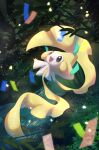  :d absurdres blush commentary highres jirachi leaf looking_up night no_humans nullma open_mouth outdoors outstretched_arms pokemon pokemon_(creature) shiny smile solo stream tongue water 