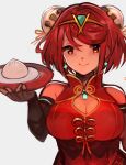  1girl bangs breasts bun_cover chest_jewel china_dress chinese_clothes cleavage cleavage_cutout clothing_cutout dress highres large_breasts pyra_(xenoblade) red_eyes red_hair short_hair swept_bangs tarbo_(exxxpiation) xenoblade_chronicles_(series) xenoblade_chronicles_2 