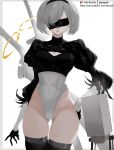  1girl back_cutout bamuth black_blindfold black_hairband blindfold clothing_cutout covered_eyes feather-trimmed_sleeves hairband highres leotard mole mole_under_mouth nier_(series) nier_automata pod_(nier_automata) puffy_sleeves short_hair silver_hair thighhighs thong_leotard yorha_no._2_type_b 