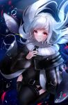  1girl absurdres arknights bangs black_legwear blush bubble capelet commentary garter_straps highres long_hair long_sleeves parted_lips red_eyes roki@ shark silver_hair solo specter_(arknights) submerged thighhighs turtleneck 