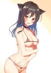  1girl animal_ears bare_arms bare_shoulders bikini black_choker black_hair breasts cat_ears choker cleavage collarbone cowboy_shot cupless_bikini fang frown highres long_hair looking_at_viewer medium_breasts micro_bikini mila_natsume navel nippleless_clothes nipples open_mouth original red_eyes solo stomach strap_gap string_bikini swimsuit v-shaped_eyebrows white_background 